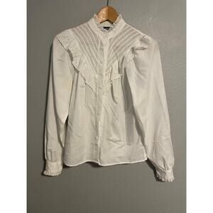 Vintage Ginger Jones Blouse Womens Large White Ruffle High Neck Cottagecore 70s